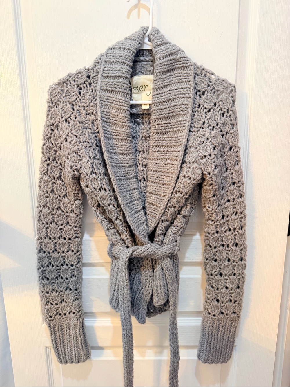 Kenji Gray Hand Knit Cardigan Belted Size M NWOT